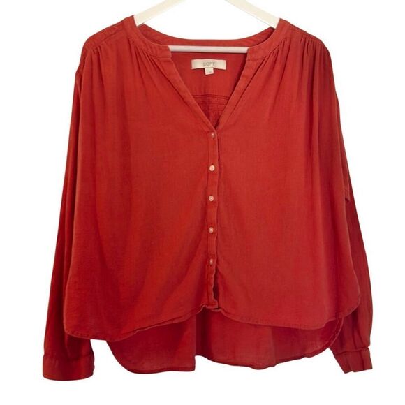 Loft cotton orange cropped button front blouse small - Picture 2 of 10